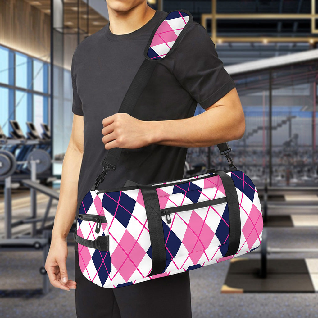 White Pink And Blue Argyle Pattern Print Gym Bag