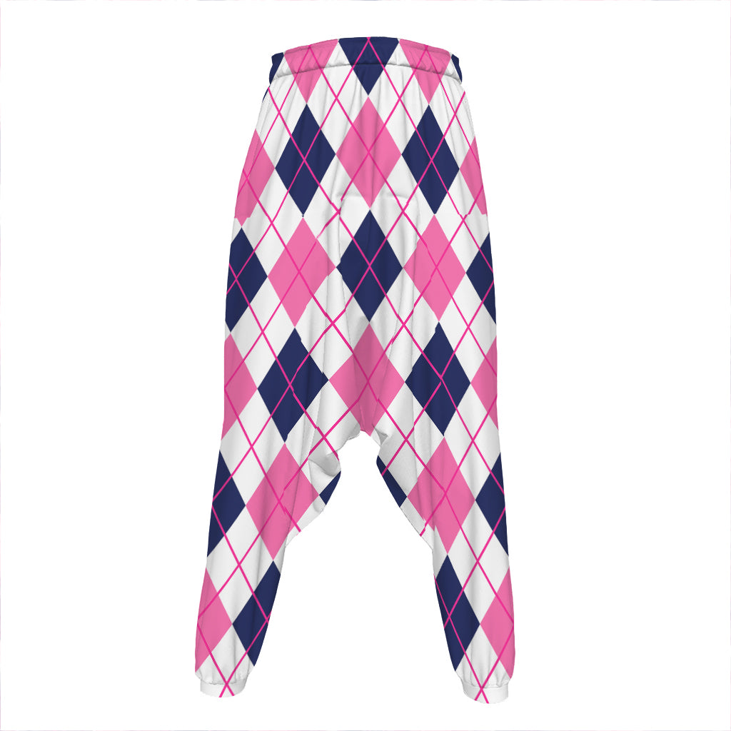 White Pink And Blue Argyle Pattern Print Hammer Pants