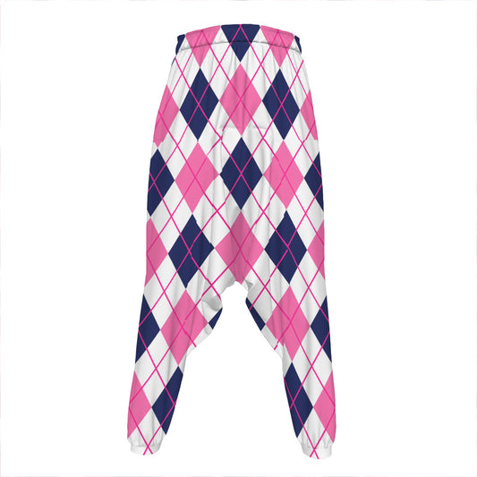 White Pink And Blue Argyle Pattern Print Hammer Pants