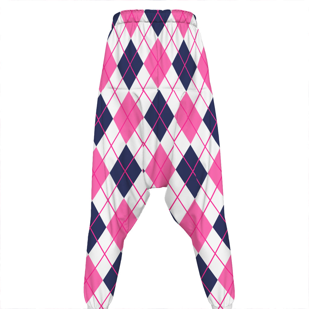 White Pink And Blue Argyle Pattern Print Hammer Pants