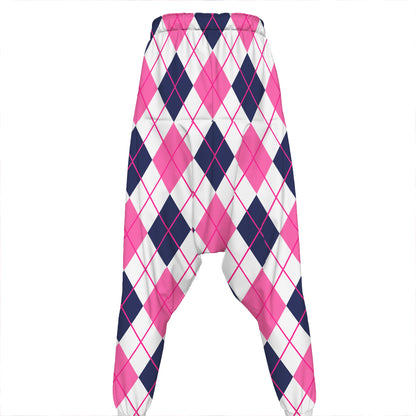 White Pink And Blue Argyle Pattern Print Hammer Pants