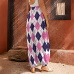 White Pink And Blue Argyle Pattern Print Harem Pants