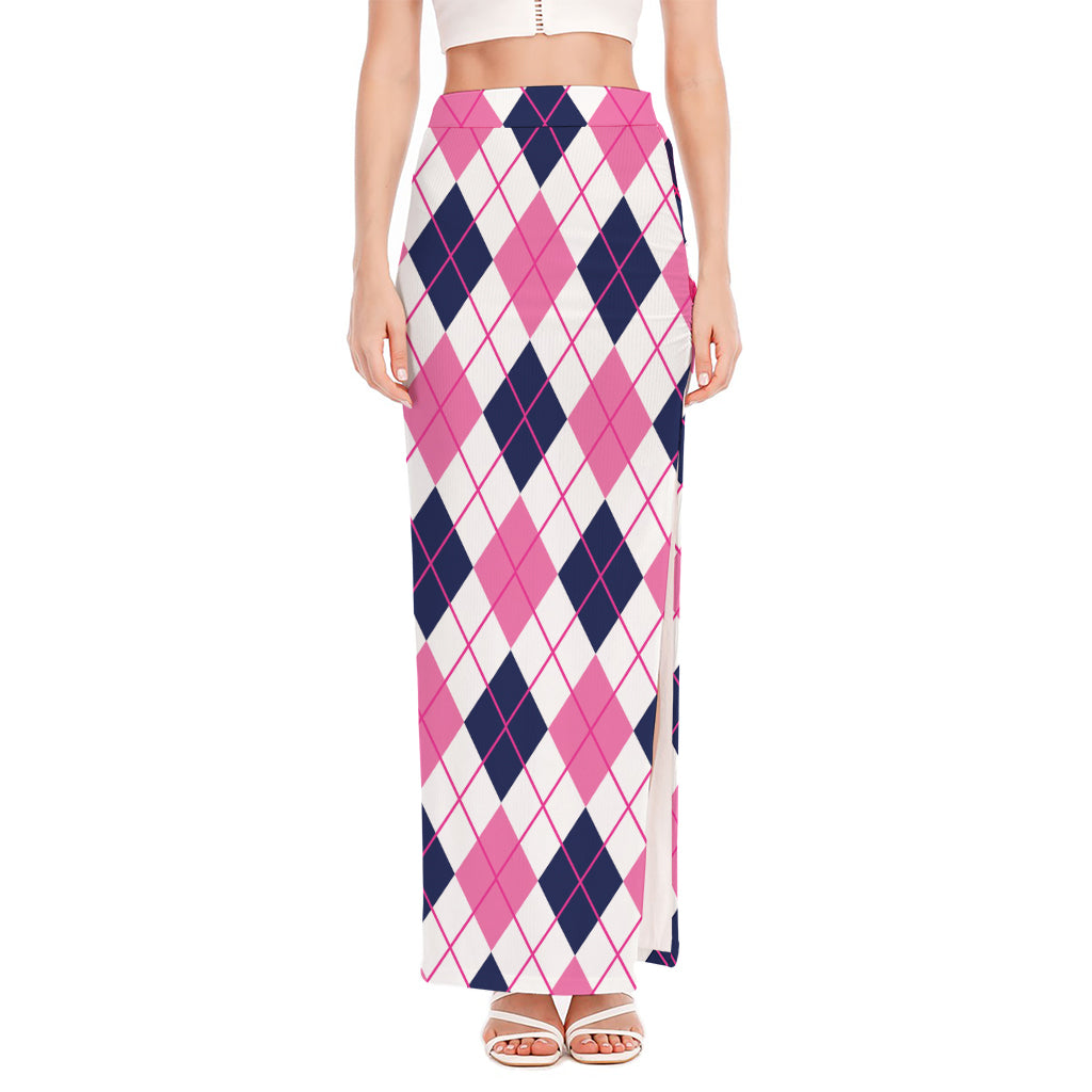 White Pink And Blue Argyle Pattern Print High Slit Maxi Skirt