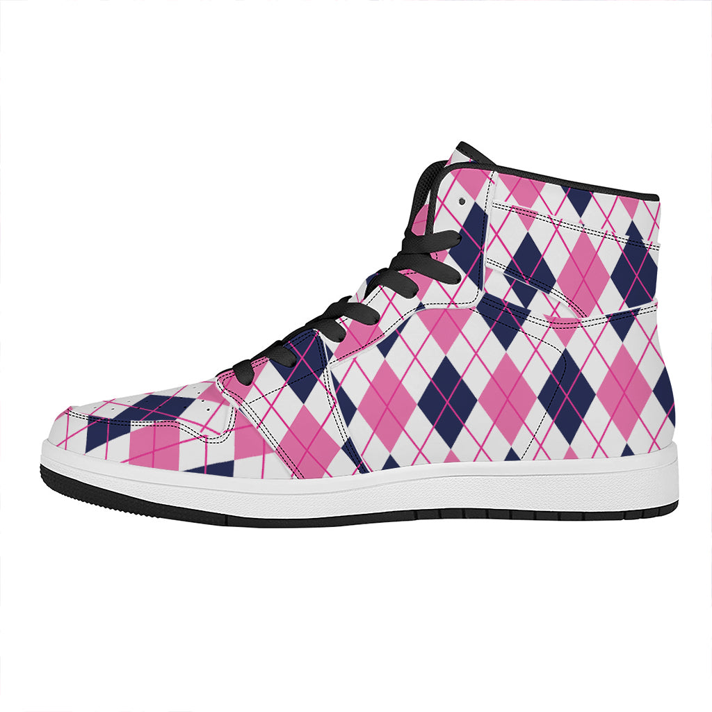 White Pink And Blue Argyle Pattern Print High Top Leather Sneakers