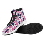 White Pink And Blue Argyle Pattern Print High Top Leather Sneakers