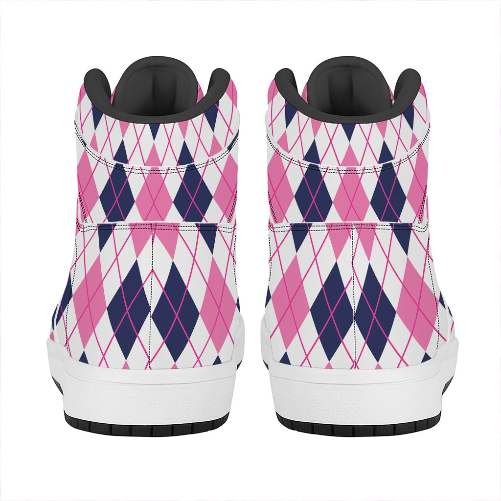 White Pink And Blue Argyle Pattern Print High Top Leather Sneakers