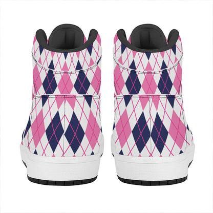 White Pink And Blue Argyle Pattern Print High Top Leather Sneakers
