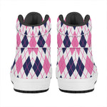 White Pink And Blue Argyle Pattern Print High Top Leather Sneakers