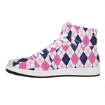 White Pink And Blue Argyle Pattern Print High Top Leather Sneakers