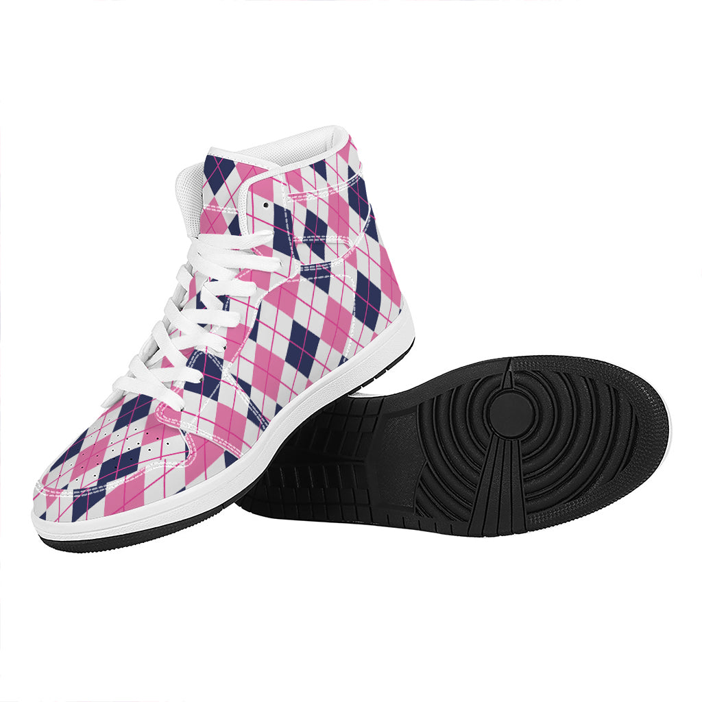White Pink And Blue Argyle Pattern Print High Top Leather Sneakers