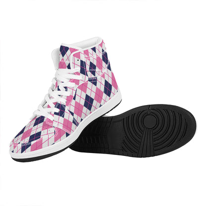 White Pink And Blue Argyle Pattern Print High Top Leather Sneakers