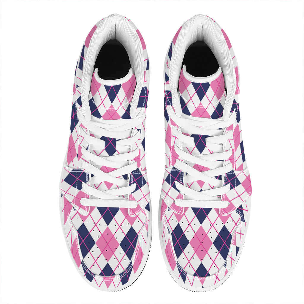 White Pink And Blue Argyle Pattern Print High Top Leather Sneakers