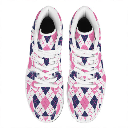 White Pink And Blue Argyle Pattern Print High Top Leather Sneakers
