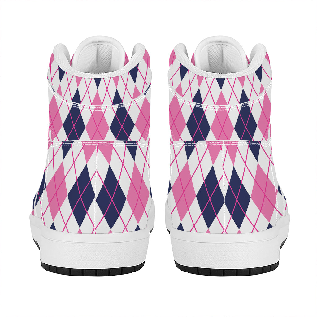 White Pink And Blue Argyle Pattern Print High Top Leather Sneakers
