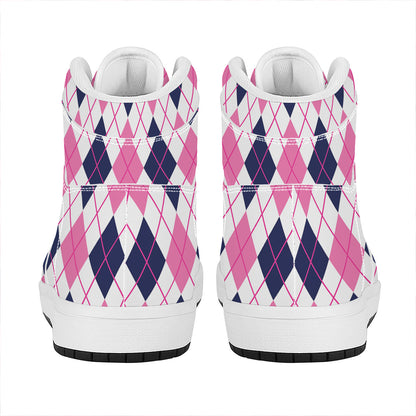 White Pink And Blue Argyle Pattern Print High Top Leather Sneakers