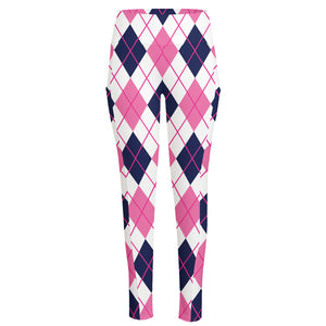 White Pink And Blue Argyle Pattern Print High-Waisted Pocket Leggings