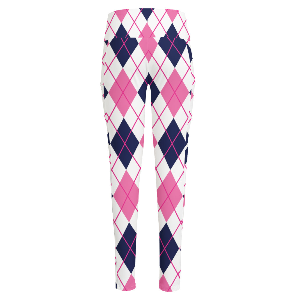 White Pink And Blue Argyle Pattern Print High-Waisted Pocket Leggings