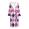 White Pink And Blue Argyle Pattern Print Hooded Bathrobe