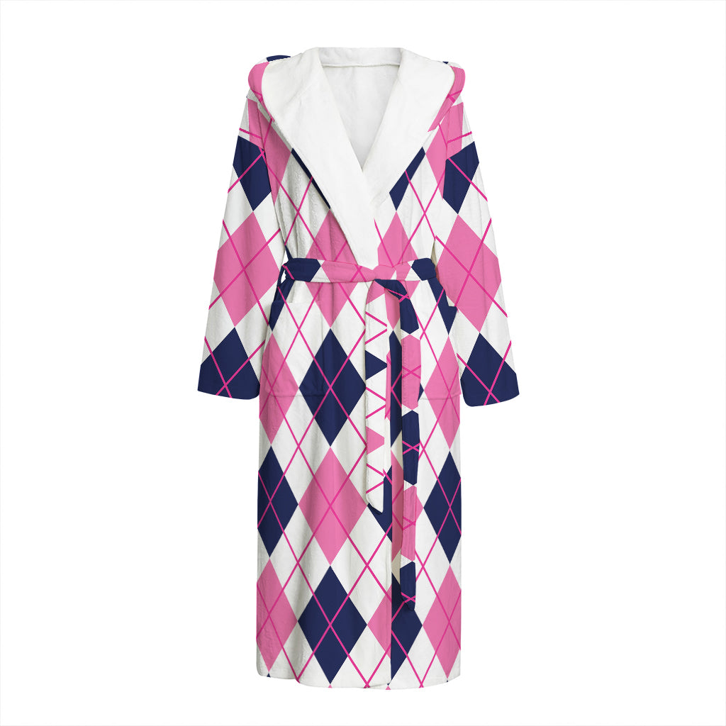 White Pink And Blue Argyle Pattern Print Hooded Bathrobe