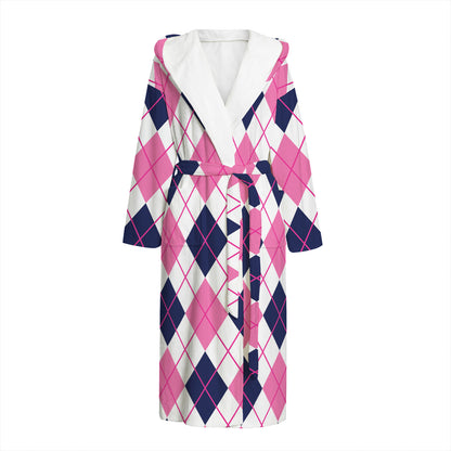 White Pink And Blue Argyle Pattern Print Hooded Bathrobe