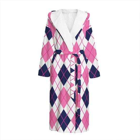 White Pink And Blue Argyle Pattern Print Hooded Bathrobe