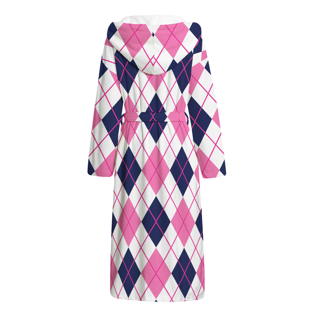White Pink And Blue Argyle Pattern Print Hooded Bathrobe