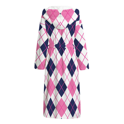 White Pink And Blue Argyle Pattern Print Hooded Bathrobe