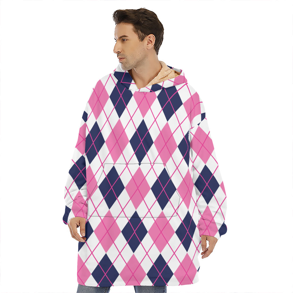 White Pink And Blue Argyle Pattern Print Hoodie Blanket