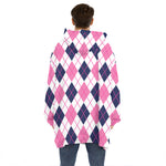 White Pink And Blue Argyle Pattern Print Hoodie Blanket