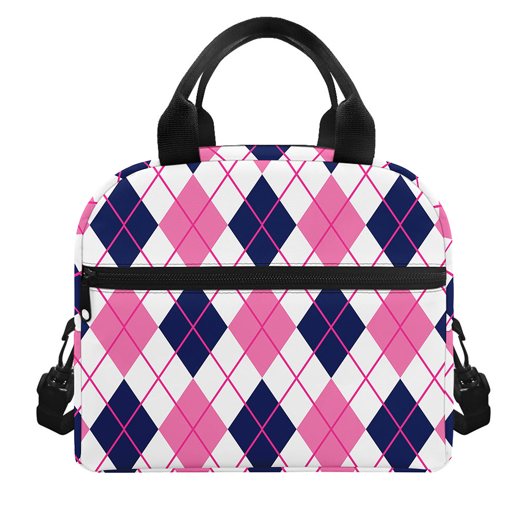 White Pink And Blue Argyle Pattern Print Insulated Lunch Bag