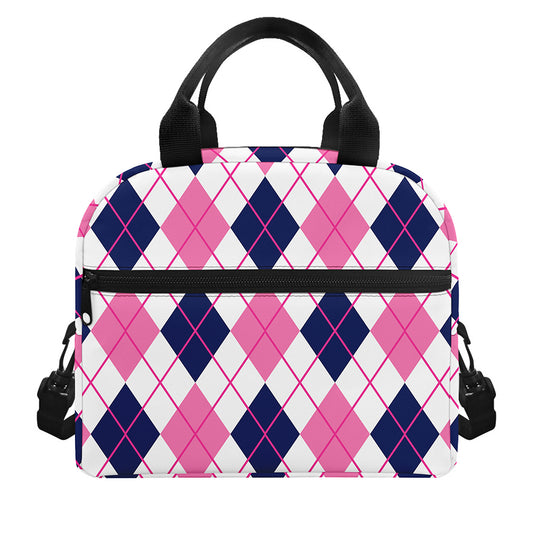 White Pink And Blue Argyle Pattern Print Insulated Lunch Bag