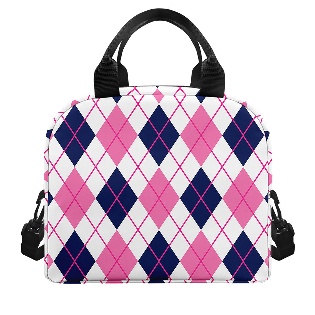 White Pink And Blue Argyle Pattern Print Insulated Lunch Bag
