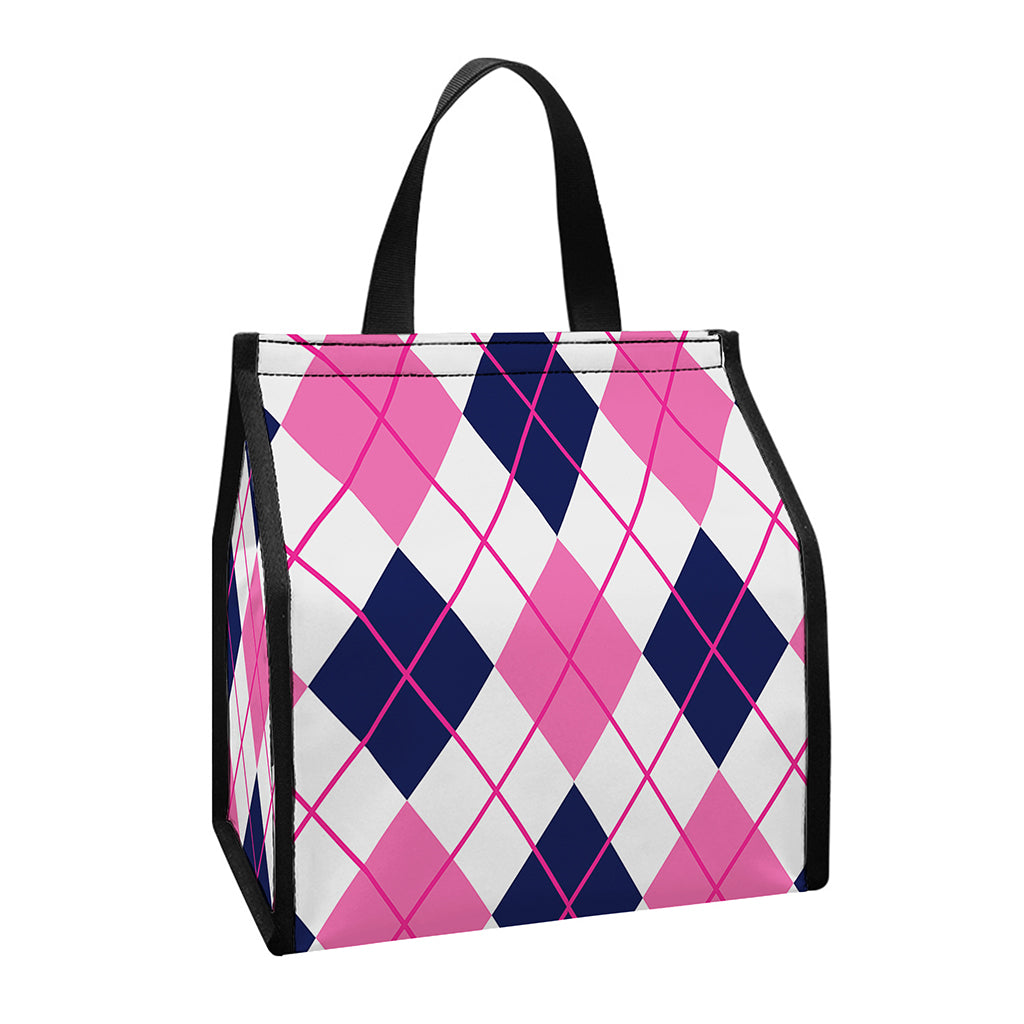 White Pink And Blue Argyle Pattern Print Insulated Lunch Tote