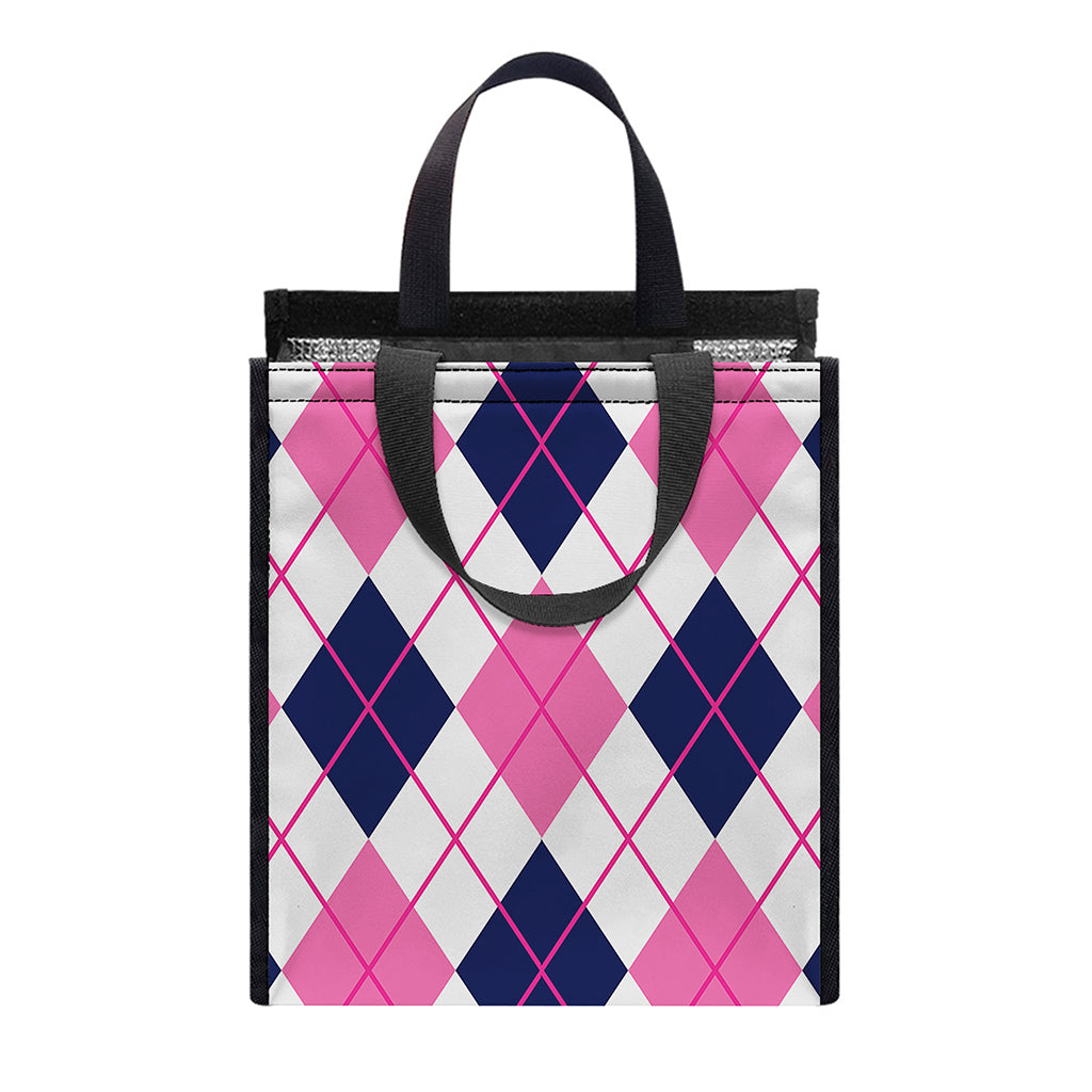 White Pink And Blue Argyle Pattern Print Insulated Lunch Tote