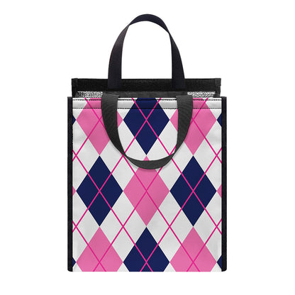 White Pink And Blue Argyle Pattern Print Insulated Lunch Tote