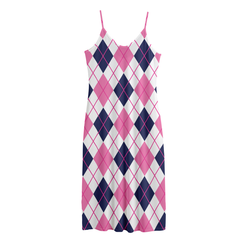 White Pink And Blue Argyle Pattern Print Jersey Midi Cami Dress