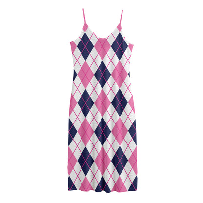 White Pink And Blue Argyle Pattern Print Jersey Midi Cami Dress