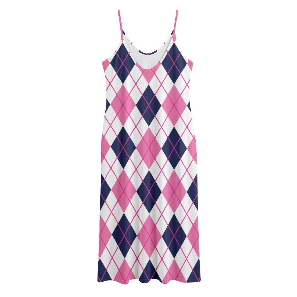 White Pink And Blue Argyle Pattern Print Jersey Midi Cami Dress