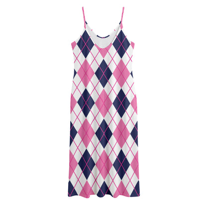 White Pink And Blue Argyle Pattern Print Jersey Midi Cami Dress