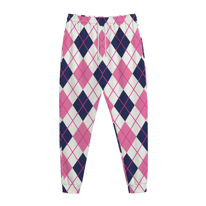 White Pink And Blue Argyle Pattern Print Jogger Pants