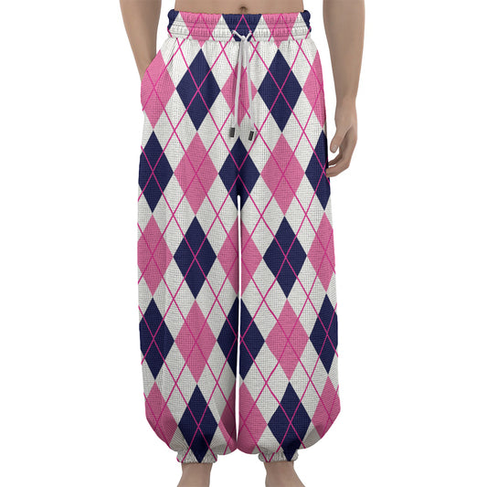 White Pink And Blue Argyle Pattern Print Lantern Pants
