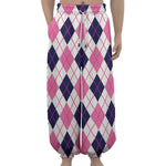 White Pink And Blue Argyle Pattern Print Lantern Pants