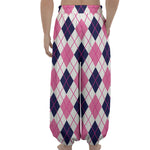 White Pink And Blue Argyle Pattern Print Lantern Pants