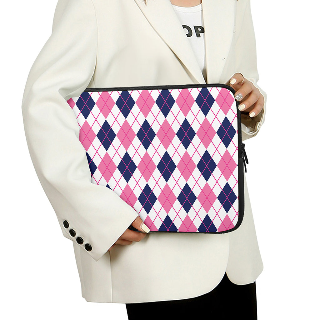 White Pink And Blue Argyle Pattern Print Laptop Sleeve