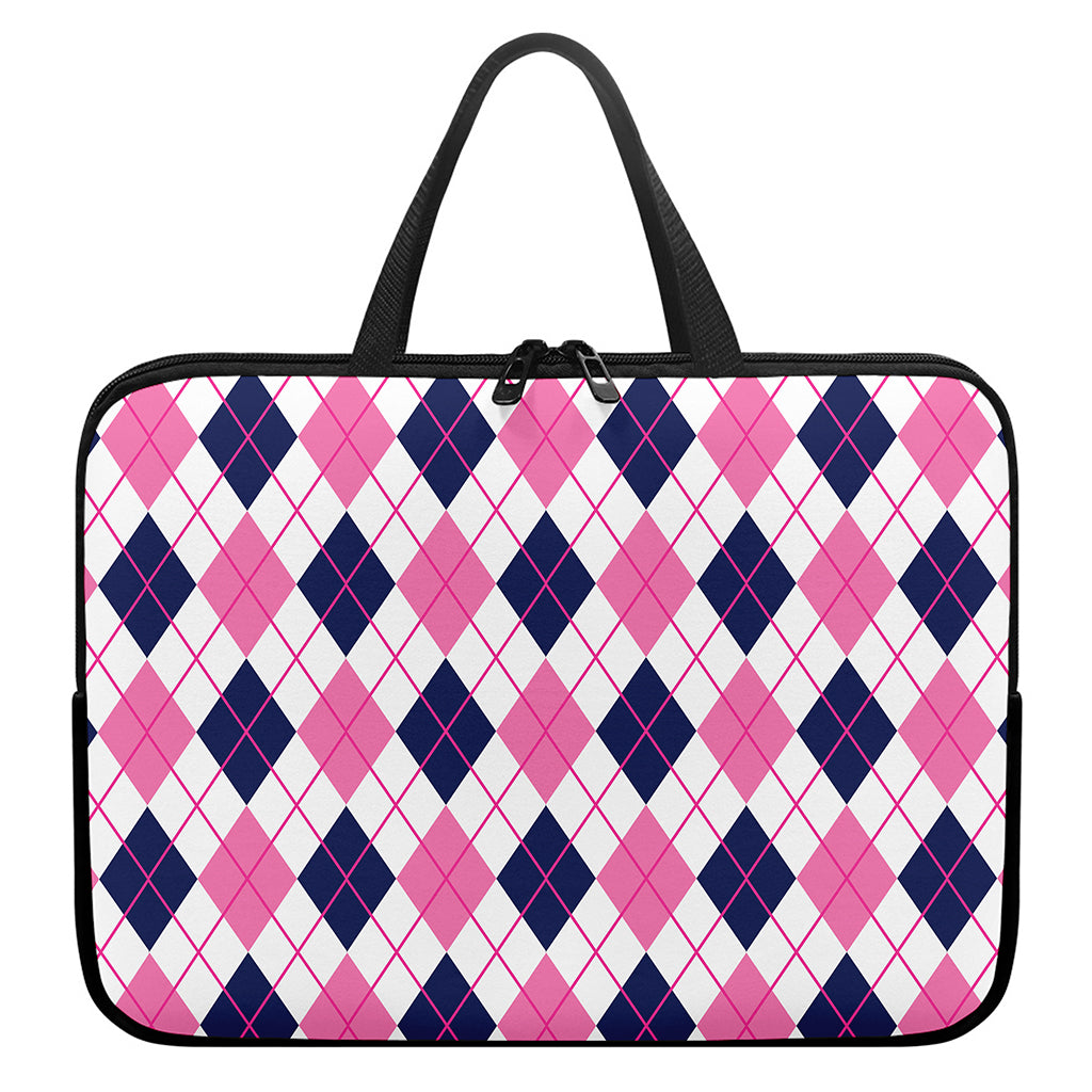 White Pink And Blue Argyle Pattern Print Laptop Sleeve With Handle