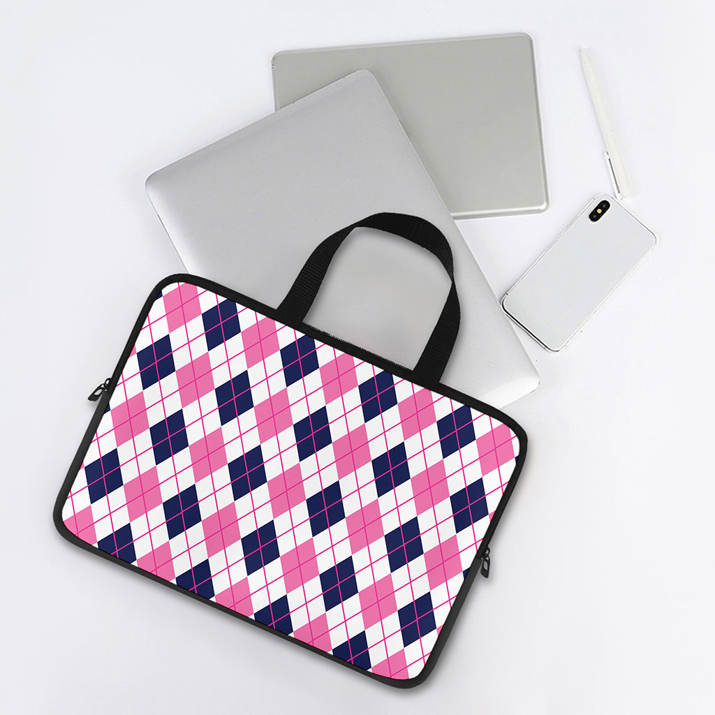 White Pink And Blue Argyle Pattern Print Laptop Sleeve With Handle