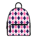 White Pink And Blue Argyle Pattern Print Leather Backpack