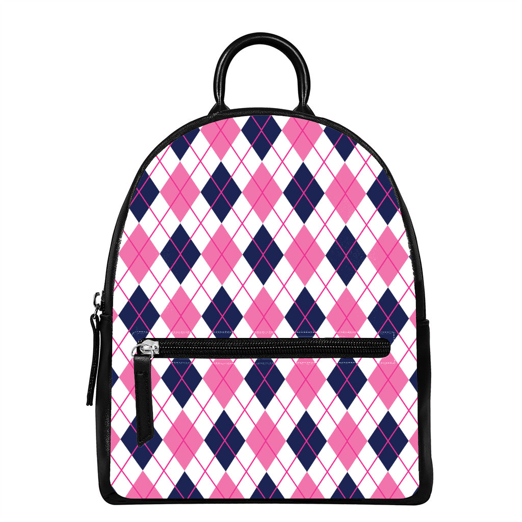 White Pink And Blue Argyle Pattern Print Leather Backpack