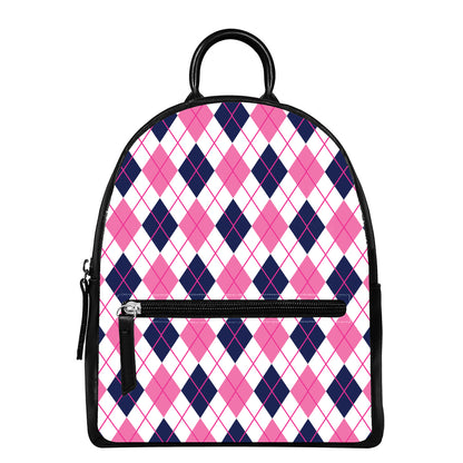 White Pink And Blue Argyle Pattern Print Leather Backpack
