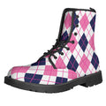 White Pink And Blue Argyle Pattern Print Lace-Up Boots